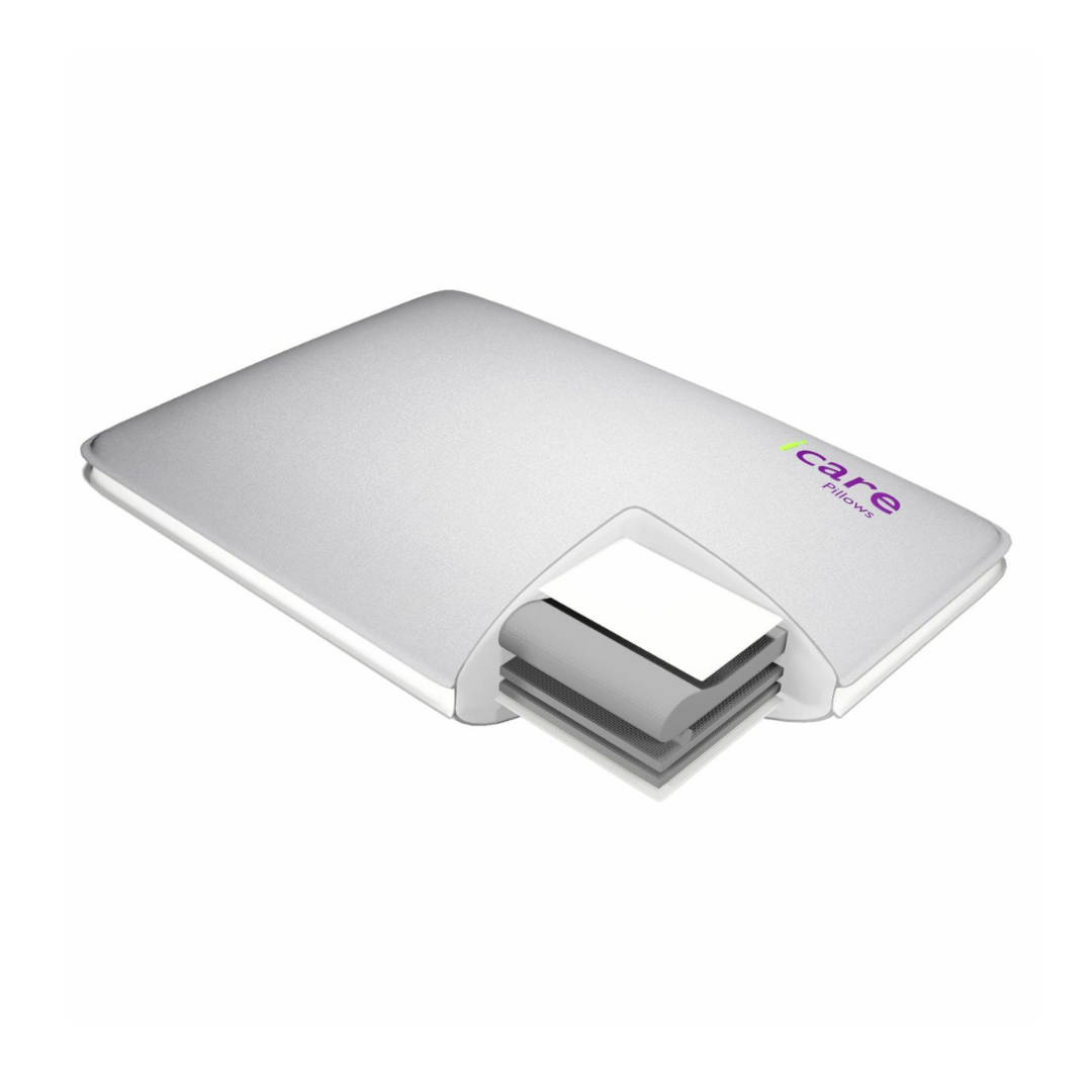 The iCare Medical Conform Pillow is a white, fully adjustable ergonomic pillow featuring a cutaway section that reveals multiple internal layers for personalized support. The care brand logo appears in the top right corner.